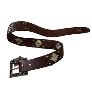 Miss Me Women Sz S Brown Leather Belt With Bling, Gold Design & Buckle Belt NWT